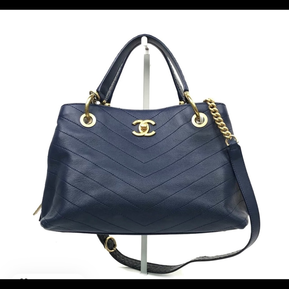Chanel Navy Chevron Shoulder Bag with Gold Accents